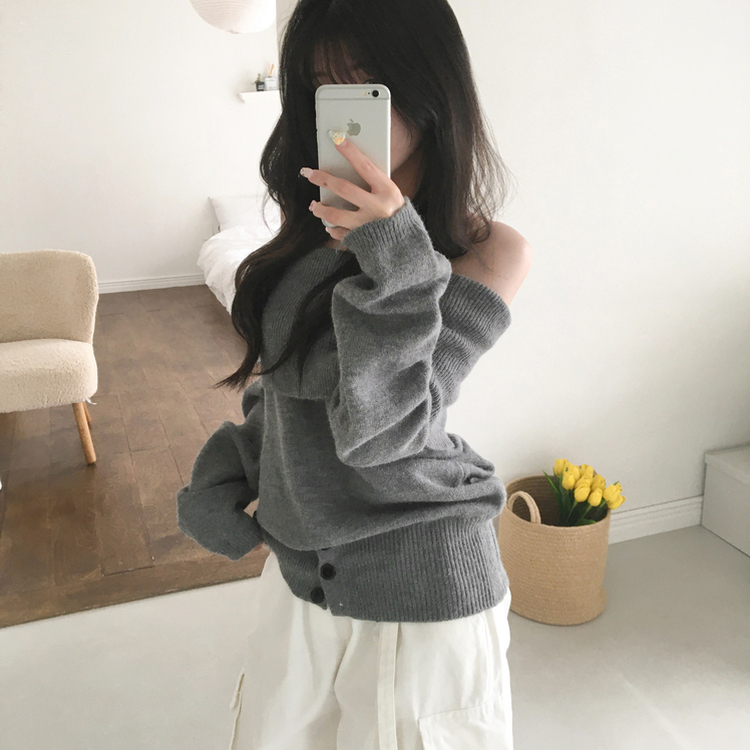류니 오프숄더 골지 밑단버튼 스트라이프 무지 여리 긴팔 두툼 니트 그레이