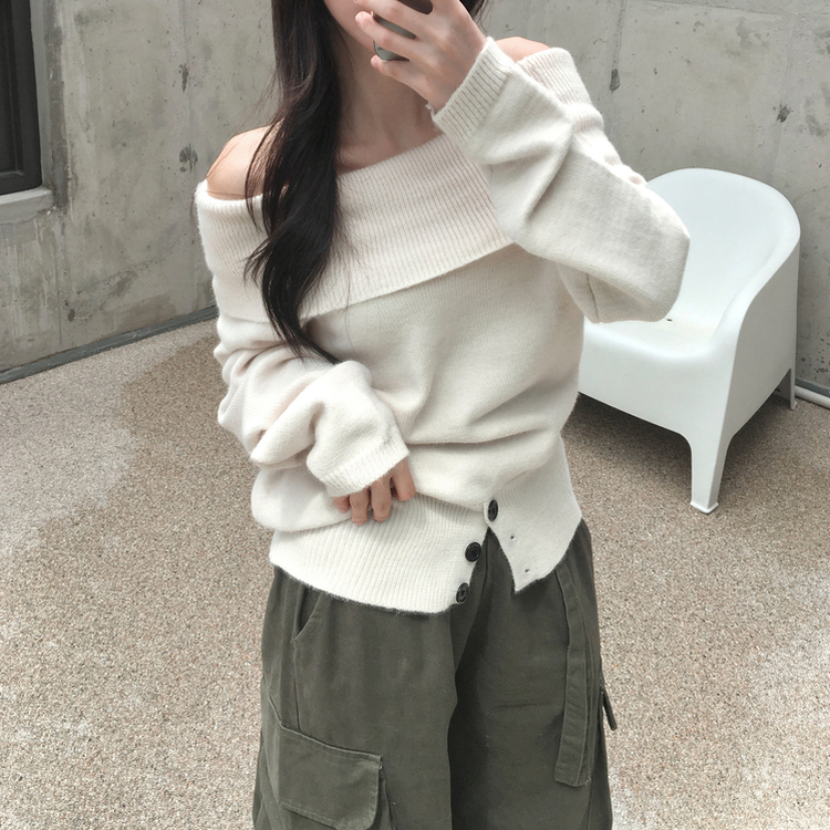 류니 오프숄더 골지 밑단버튼 스트라이프 무지 여리 긴팔 두툼 니트 아이보리