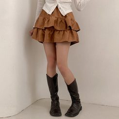 제인 스웨이드 캉캉 밴딩 미니 스커트 브라운