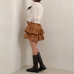 제인 스웨이드 캉캉 밴딩 미니 스커트 브라운