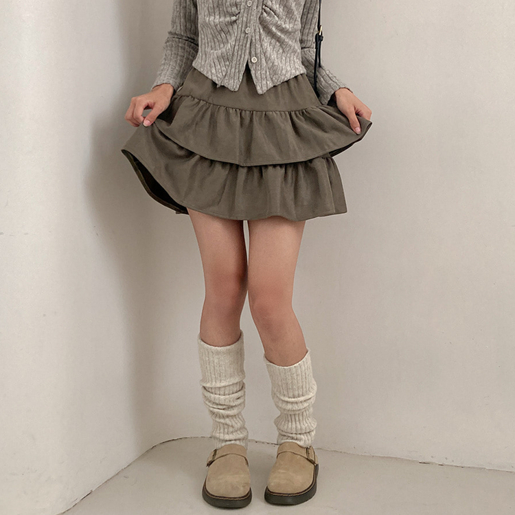 제인 스웨이드 캉캉 밴딩 미니 스커트 카키