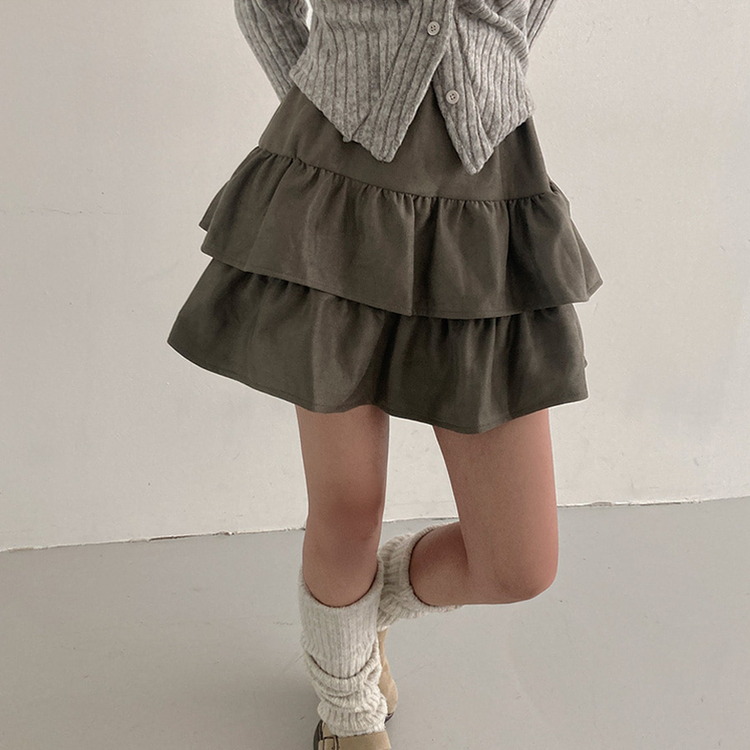 제인 스웨이드 캉캉 밴딩 미니 스커트 카키