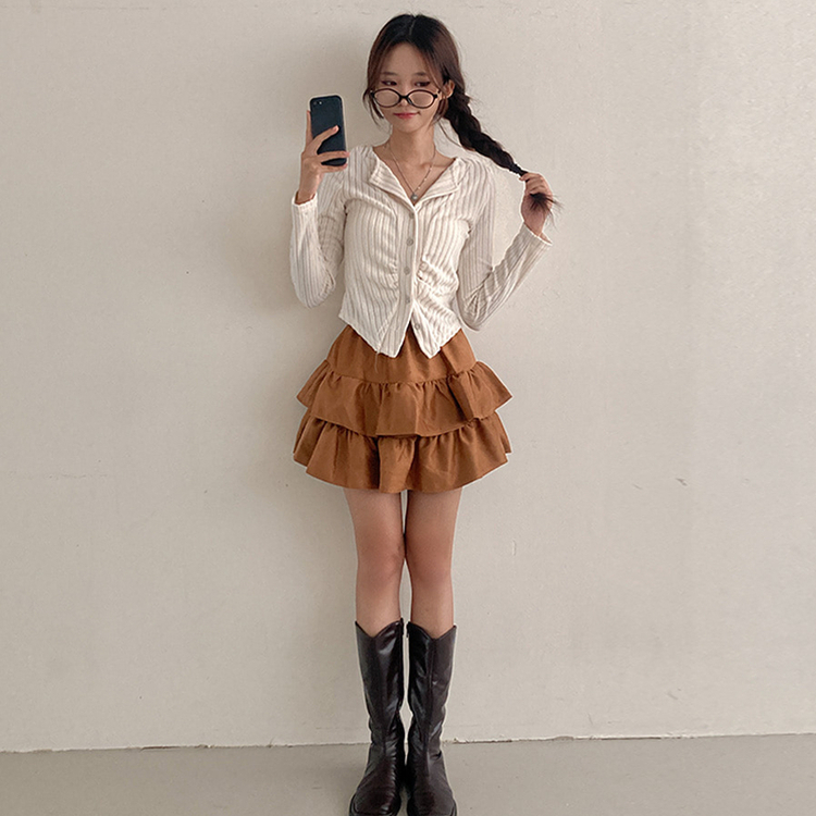 제인 스웨이드 캉캉 밴딩 미니 스커트 브라운