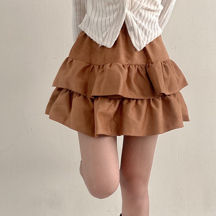 제인 스웨이드 캉캉 밴딩 미니 스커트 브라운