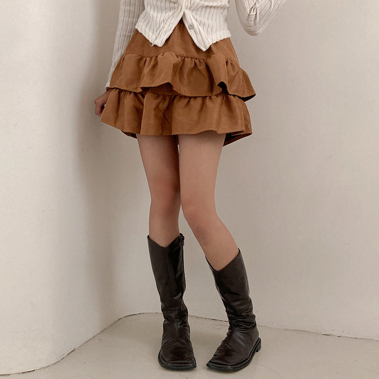제인 스웨이드 캉캉 밴딩 미니 스커트 브라운