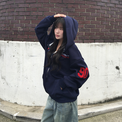 보히 90 뽀글 패치 프린팅 오버핏 박시 후드 집업 네이비