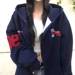 보히 90 뽀글 패치 프린팅 오버핏 박시 후드 집업 네이비