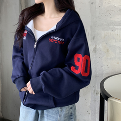 보히 90 뽀글 패치 프린팅 오버핏 박시 후드 집업 네이비