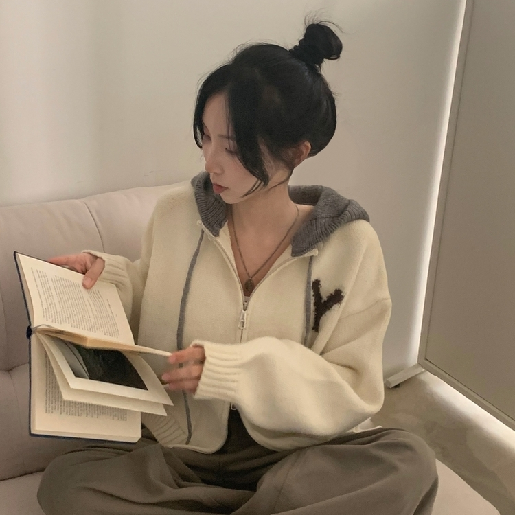 刺繍バイカラーニットフードジップアップ｜ジャンパー｜韓国