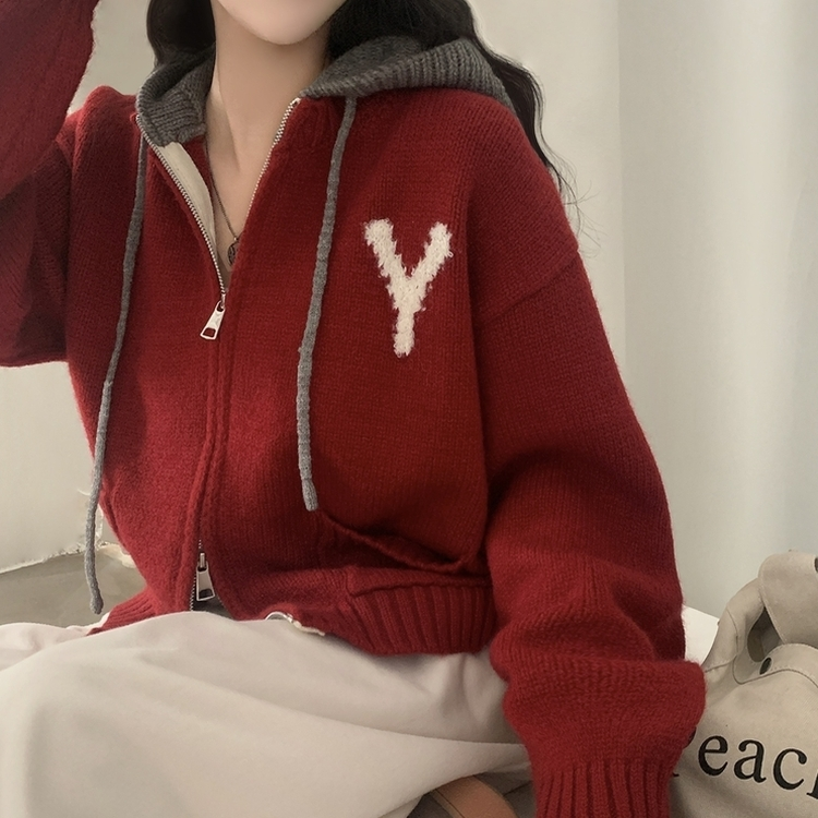 刺繍バイカラーニットフードジップアップ|ジャンパー|韓国 刺繍バイカラーニットフードジップアップ|ジャンパー|韓国