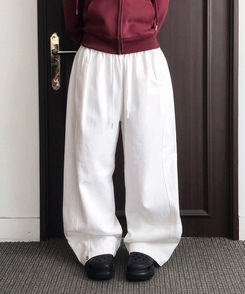 【丈別】サイドスリットストリングコットンワイドパンツ WHITE