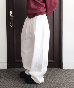 【丈別】サイドスリットストリングコットンワイドパンツ WHITE