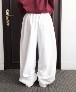 【丈別】サイドスリットストリングコットンワイドパンツ WHITE