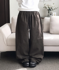 【丈別】サイドスリットストリングコットンワイドパンツ BROWN