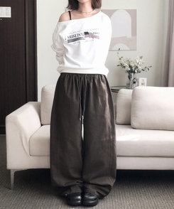 【丈別】サイドスリットストリングコットンワイドパンツ BROWN