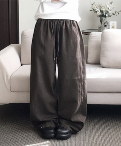 【丈別】サイドスリットストリングコットンワイドパンツ BROWN