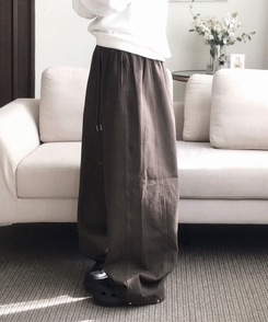 【丈別】サイドスリットストリングコットンワイドパンツ BROWN