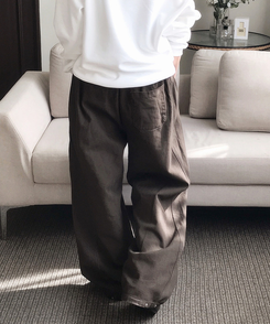 【丈別】サイドスリットストリングコットンワイドパンツ BROWN