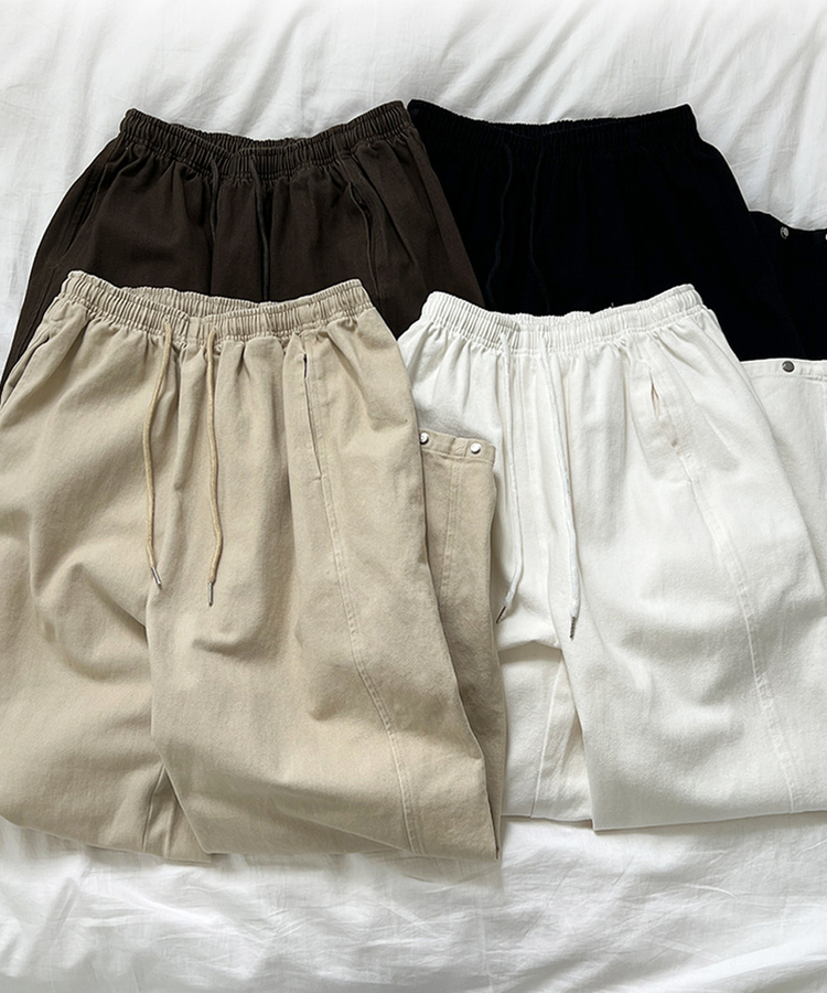 【丈別】サイドスリットストリングコットンワイドパンツ