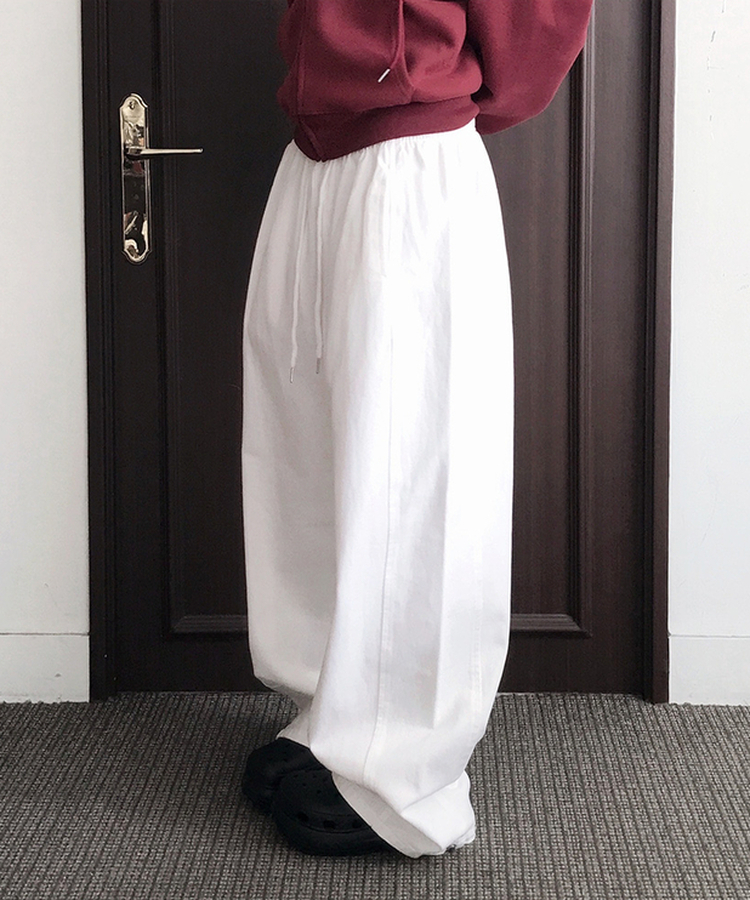【丈別】サイドスリットストリングコットンワイドパンツ WHITE
