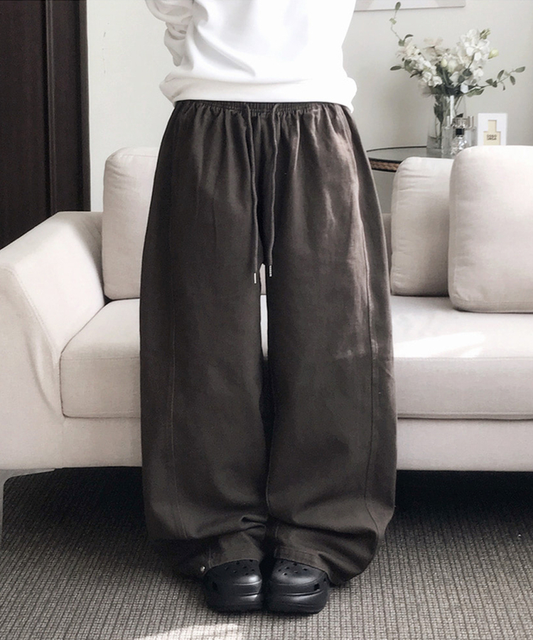 【丈別】サイドスリットストリングコットンワイドパンツ BROWN