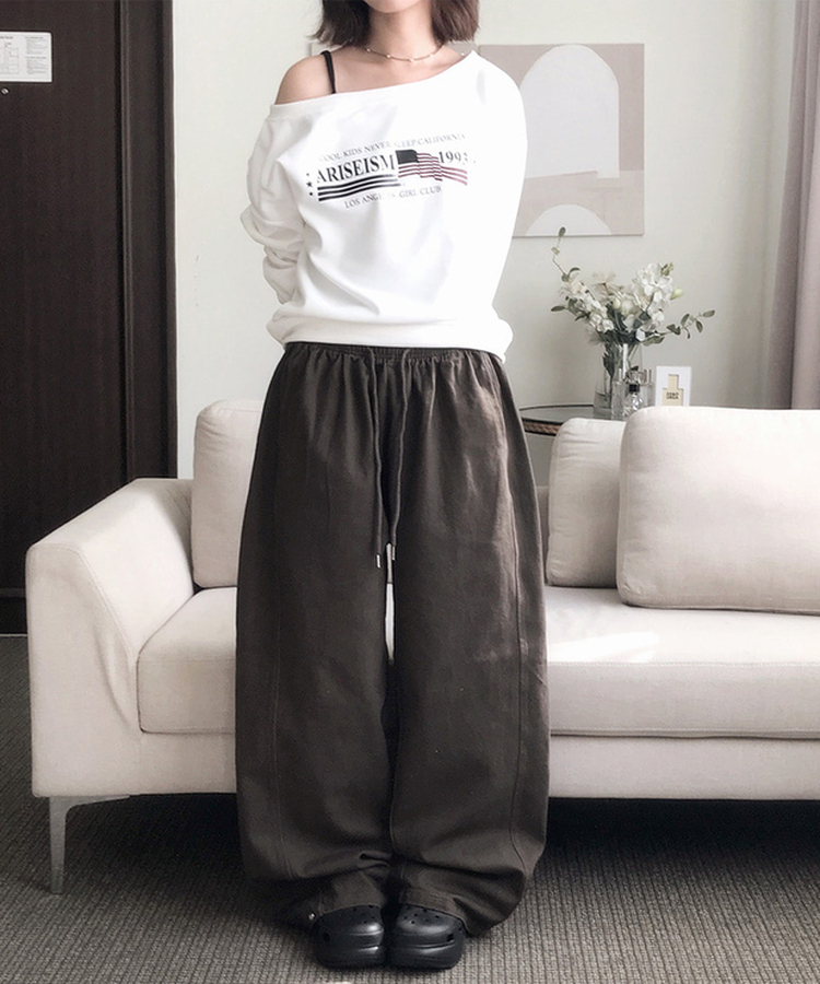 【丈別】サイドスリットストリングコットンワイドパンツ BROWN