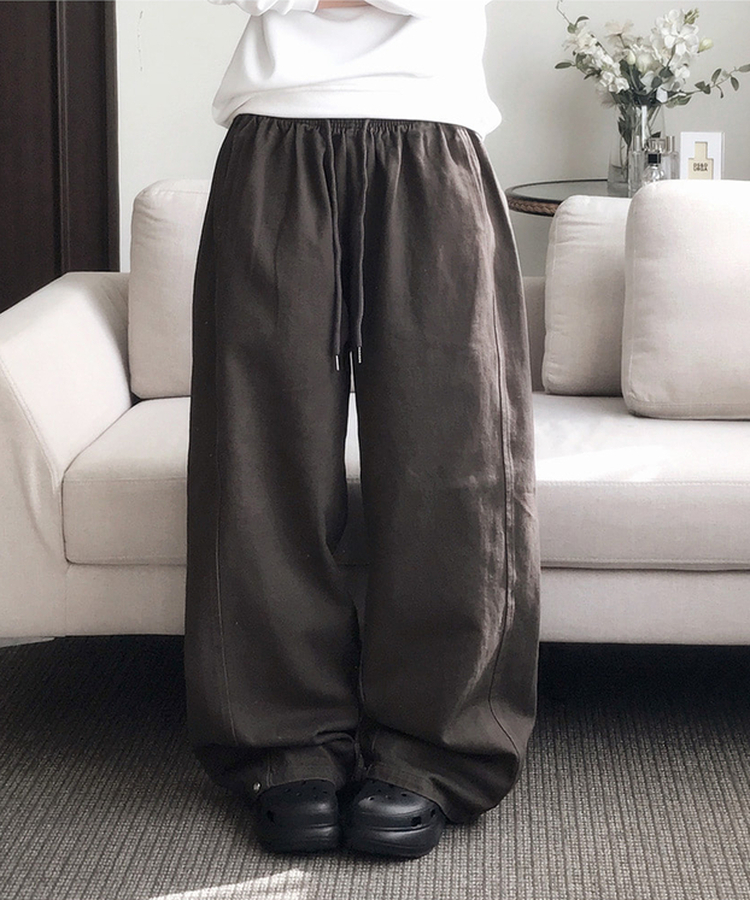 【丈別】サイドスリットストリングコットンワイドパンツ BROWN