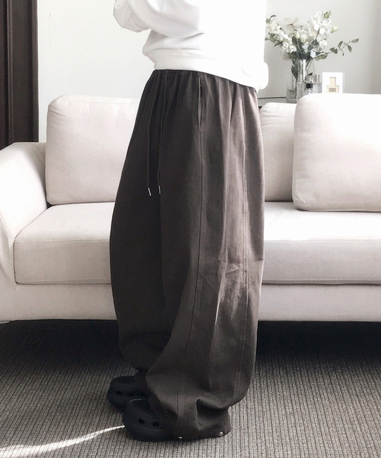 【丈別】サイドスリットストリングコットンワイドパンツ BROWN