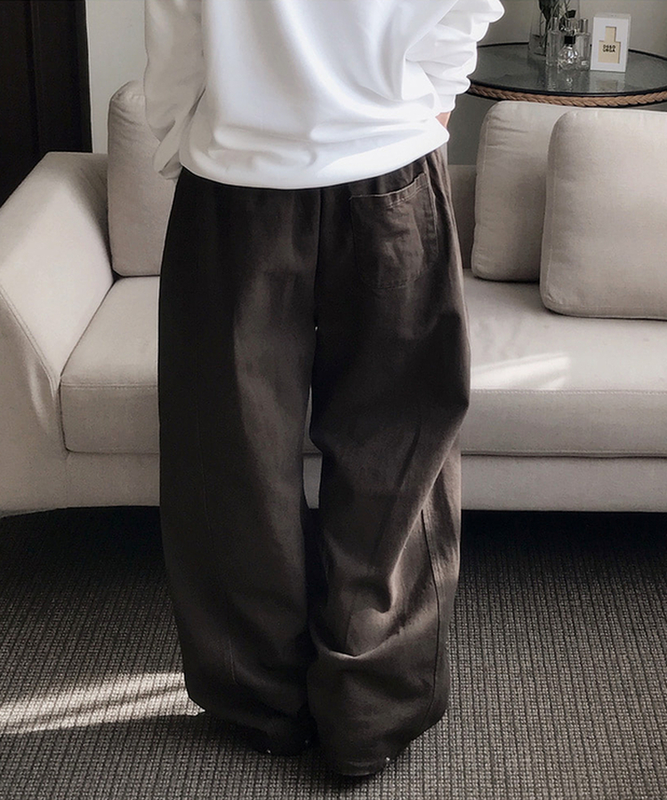 【丈別】サイドスリットストリングコットンワイドパンツ BROWN