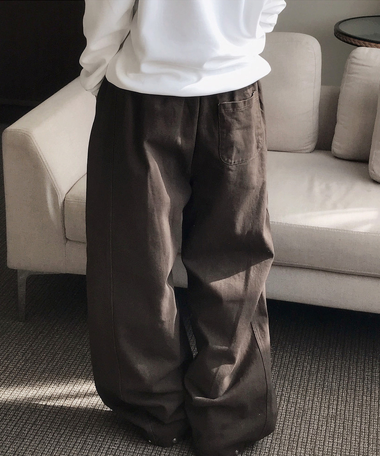 【丈別】サイドスリットストリングコットンワイドパンツ BROWN