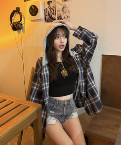 フードチェックカジュアルパーカー NAVY