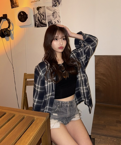 フードチェックカジュアルパーカー NAVY