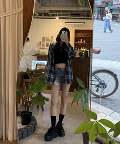 フードチェックカジュアルパーカー NAVY