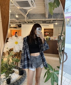 フードチェックカジュアルパーカー NAVY