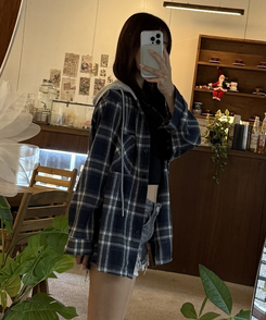 フードチェックカジュアルパーカー NAVY