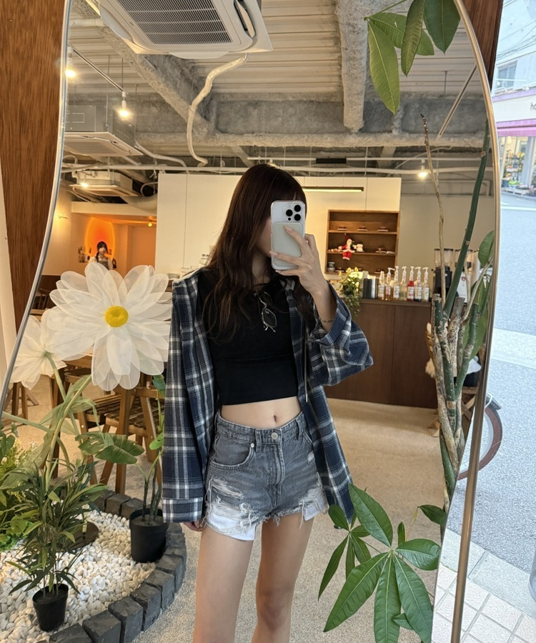 フードチェックカジュアルパーカー NAVY