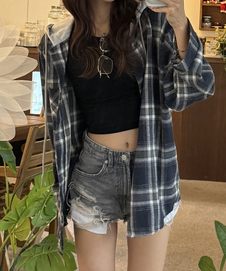 フードチェックカジュアルパーカー NAVY