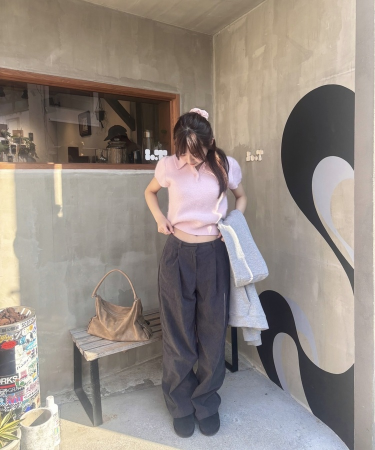 소피 카라 반팔 니트 연핑크