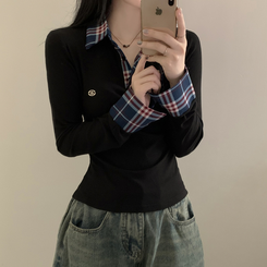 긱시크 배색 카라 체크셔츠 레이어드st 일체형 슬림핏 버튼 허리잘록 펜던트 긴팔티셔츠 네이비