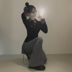 긱시크 배색 카라 체크셔츠 레이어드st 일체형 슬림핏 버튼 허리잘록 펜던트 긴팔티셔츠 네이비