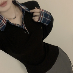 긱시크 배색 카라 체크셔츠 레이어드st 일체형 슬림핏 버튼 허리잘록 펜던트 긴팔티셔츠 네이비