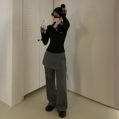 긱시크 배색 카라 체크셔츠 레이어드st 일체형 슬림핏 버튼 허리잘록 펜던트 긴팔티셔츠 네이비