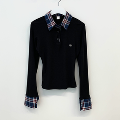 긱시크 배색 카라 체크셔츠 레이어드st 일체형 슬림핏 버튼 허리잘록 펜던트 긴팔티셔츠