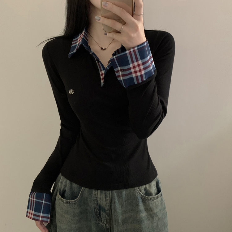 긱시크 배색 카라 체크셔츠 레이어드st 일체형 슬림핏 버튼 허리잘록 펜던트 긴팔티셔츠 네이비