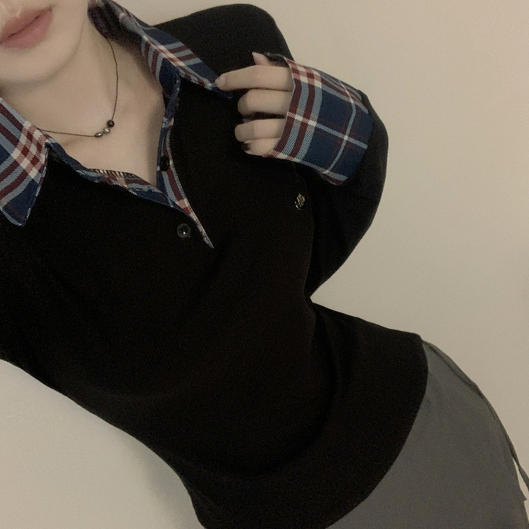 긱시크 배색 카라 체크셔츠 레이어드st 일체형 슬림핏 버튼 허리잘록 펜던트 긴팔티셔츠 네이비