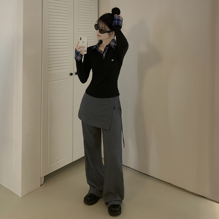 긱시크 배색 카라 체크셔츠 레이어드st 일체형 슬림핏 버튼 허리잘록 펜던트 긴팔티셔츠 네이비