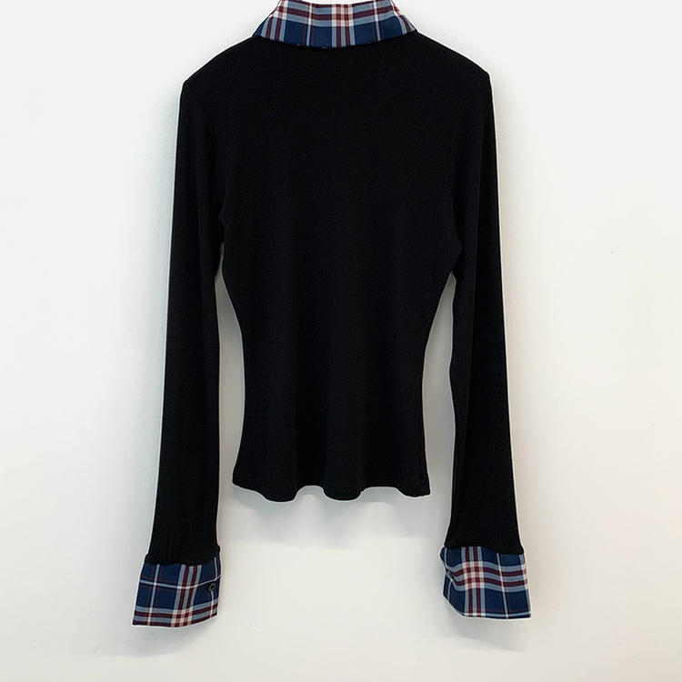 긱시크 배색 카라 체크셔츠 레이어드st 일체형 슬림핏 버튼 허리잘록 펜던트 긴팔티셔츠