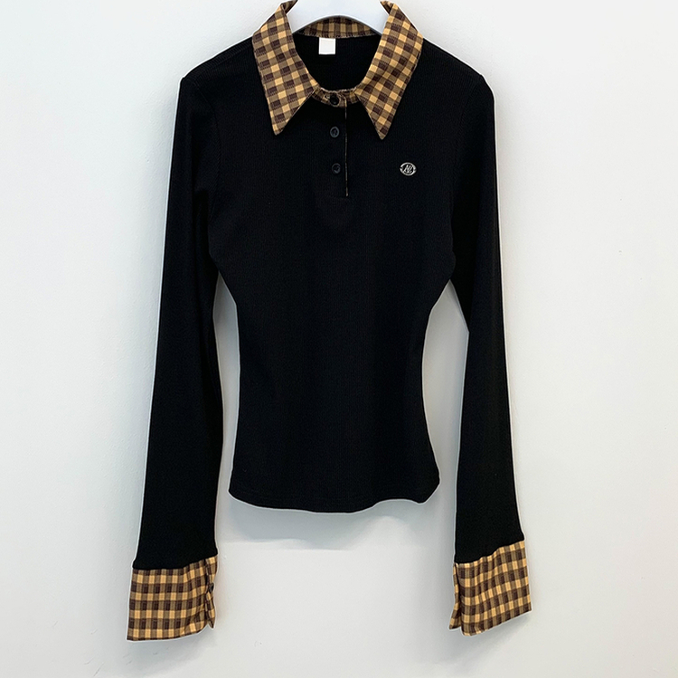 긱시크 배색 카라 체크셔츠 레이어드st 일체형 슬림핏 버튼 허리잘록 펜던트 긴팔티셔츠