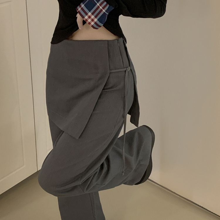 유니크 옆트임 미니버클 사이드 스트랩 랩스커트 일자 와이드 슬랙스 바지 롱팬츠 랩치마바지 그레이