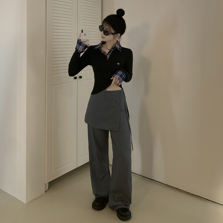 유니크 옆트임 미니버클 사이드 스트랩 랩스커트 일자 와이드 슬랙스 바지 롱팬츠 랩치마바지 그레이